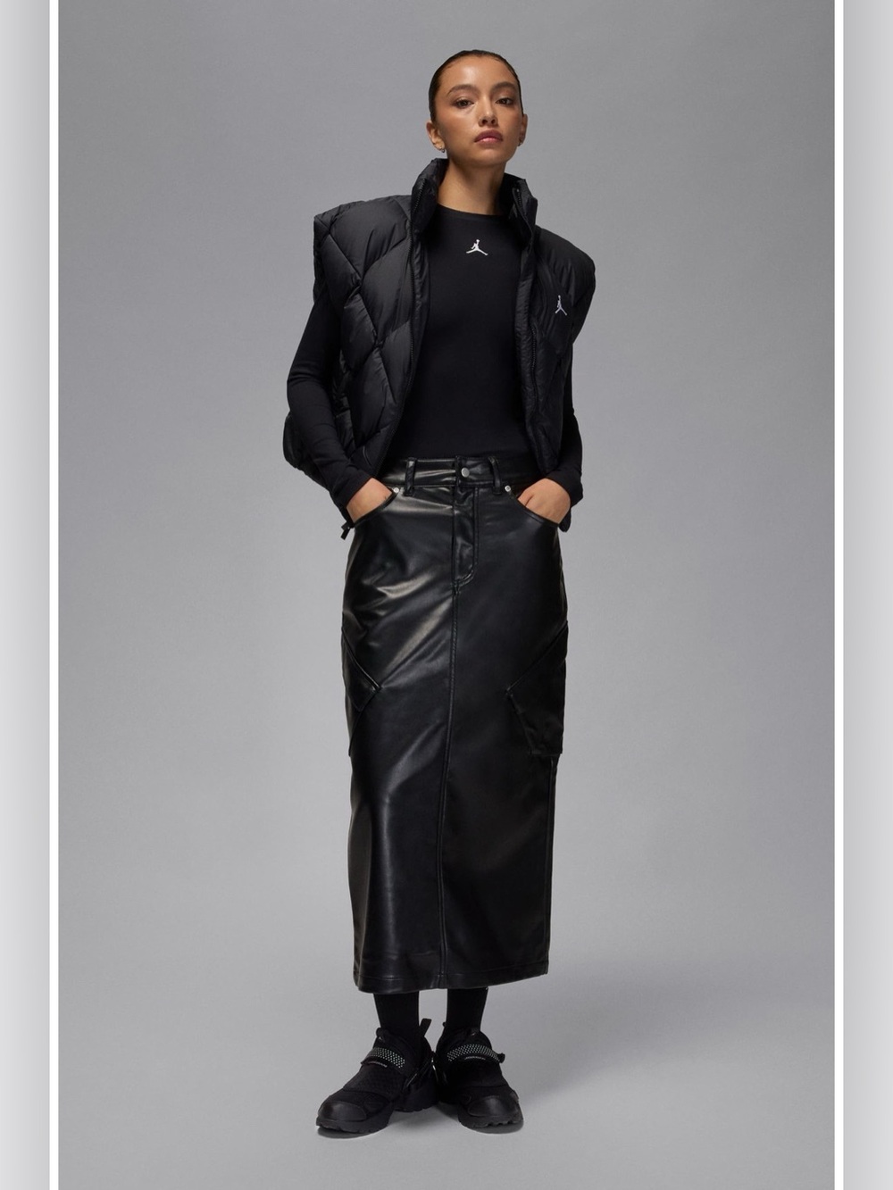 Jordan Small Black Faux Leather Midi Skirt with Utility Pockets